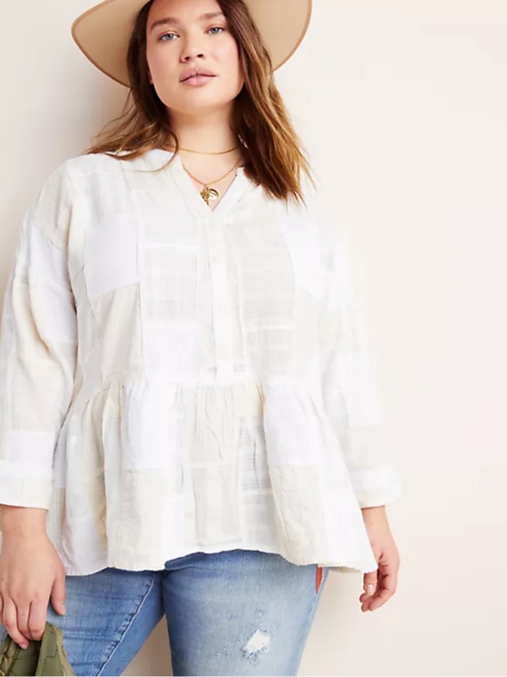Anthropologie Maeve Zoe Swing Blouse Patchwork Cotton Linen Peplum Top Medium